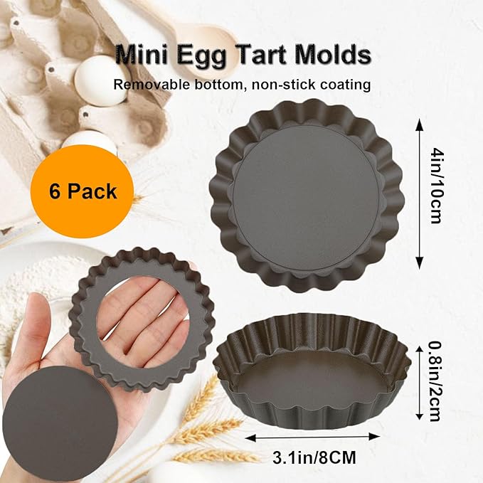 4 Inch Mini Quiche Pans Black 6 Pack. Egg Tart Molds w/Removable Bottom, Non-Stick Coating, Rugged Carbon Steel for Small Tart Quiche Pie Making. Gift for Women Christmas Thanksgiving Festival