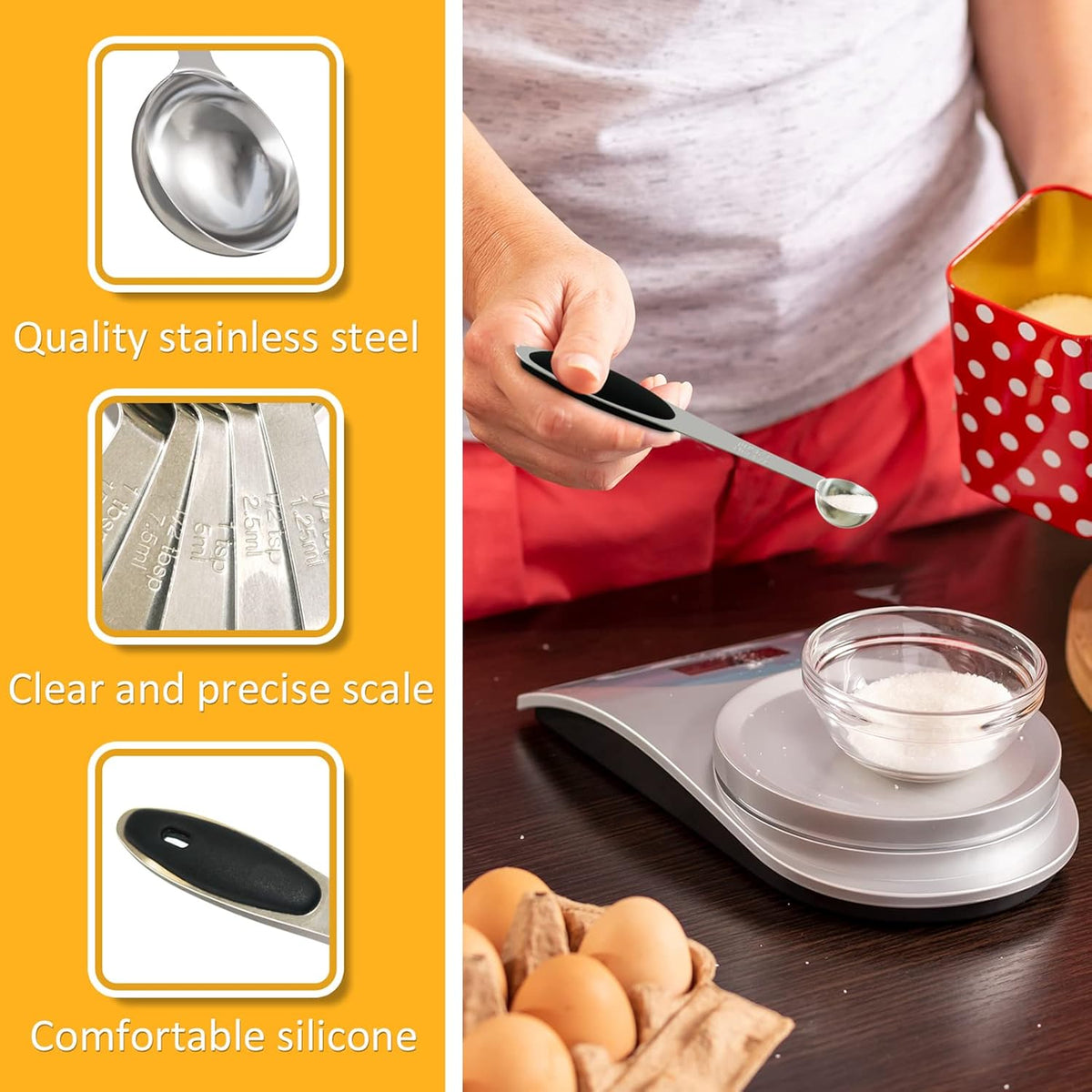 2PCS 1/4 Tsp(1.25ml) Single Measuring Spoon with Black Silicone Grip, Stainless Steel Individual Measure Scoop Only