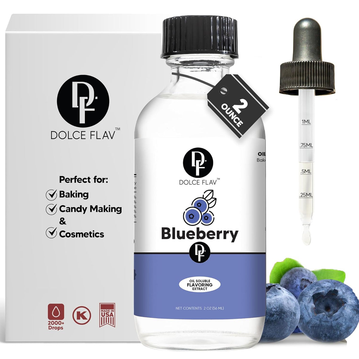 Dolce Flav Blueberry Extract – 2 Ounce Oil-Soluble Kosher, Sugar-Free, Concentrated Ripe Blueberry Flavoring for Baking, Chocolates & Desserts, Includes Measured Dropper