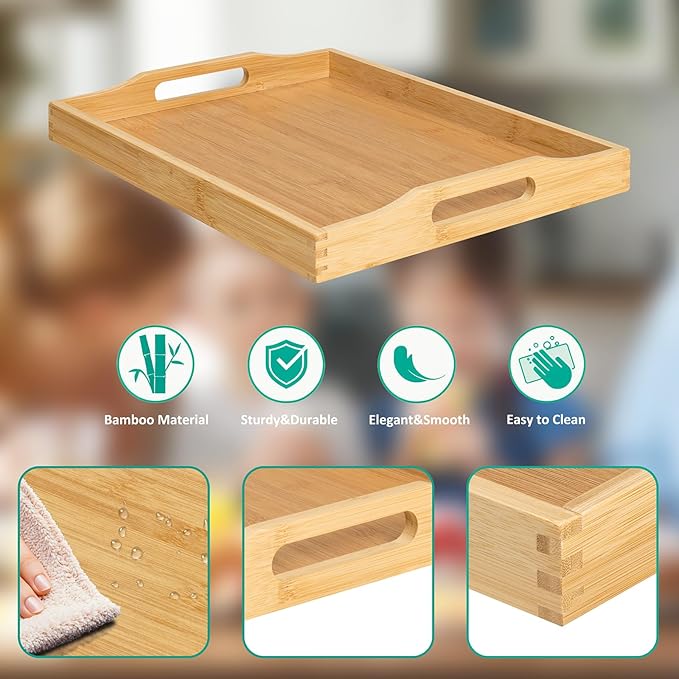 Bamboo Food Serving Tray with Handles, Breakfast Bed Tray for Tea,Snack,Dinner, Home Decorative Storage Food, Platter, Ottoman for Kitchen Counter, Bathroom, Restaurant (Beige)
