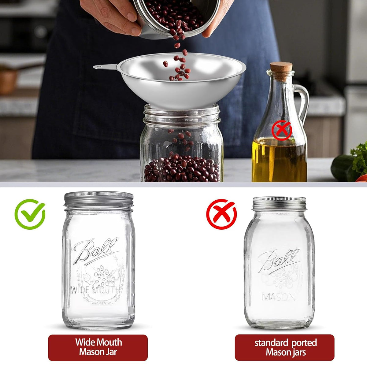 Canning Funnel with Strainer - Wide Mouth Stainless Steel Kitchen Funnel for Mason Jars, Transferring Liquids, Dry Ingredients, Canning & Preserves