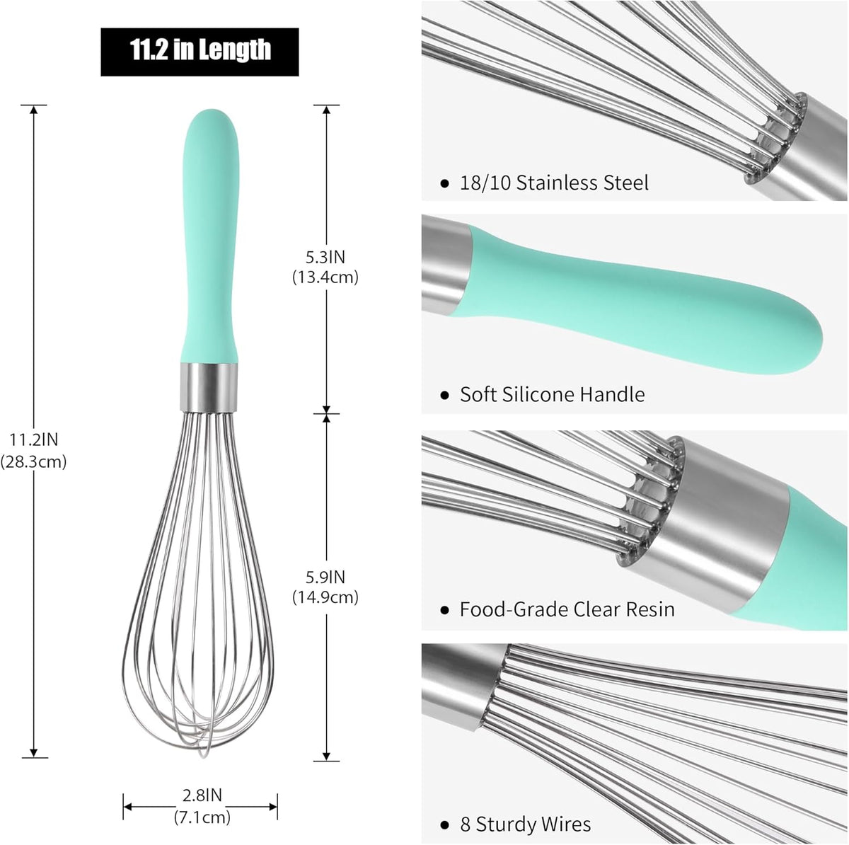 18/8 Stainless Steel Balloon Whisk, Doosu Kitchen Whisk for Cooking Handheld Egg Beater with Rust-Proof Sturdy Wires & Non-Slip Silicone Handle for Beating, Stirring, Blending (8 Wires, Aqua Sky)