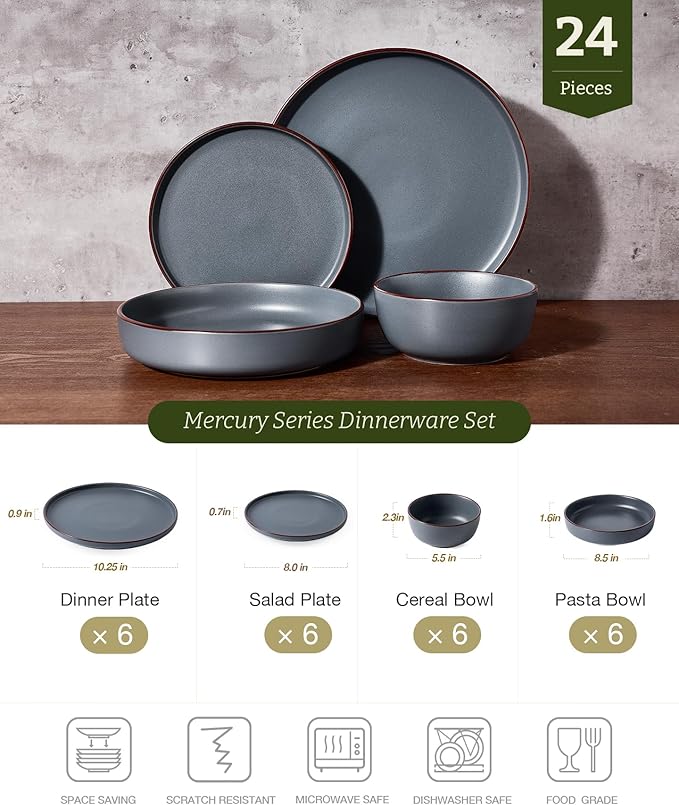 Famiware Mercury Dinnerware Sets with Pasta Bowls, Service for 6 (24 Pieces), Stoneware Plates and Bowls Sets, Microwave and Dishwasher Safe Dishes Set, Charcoal