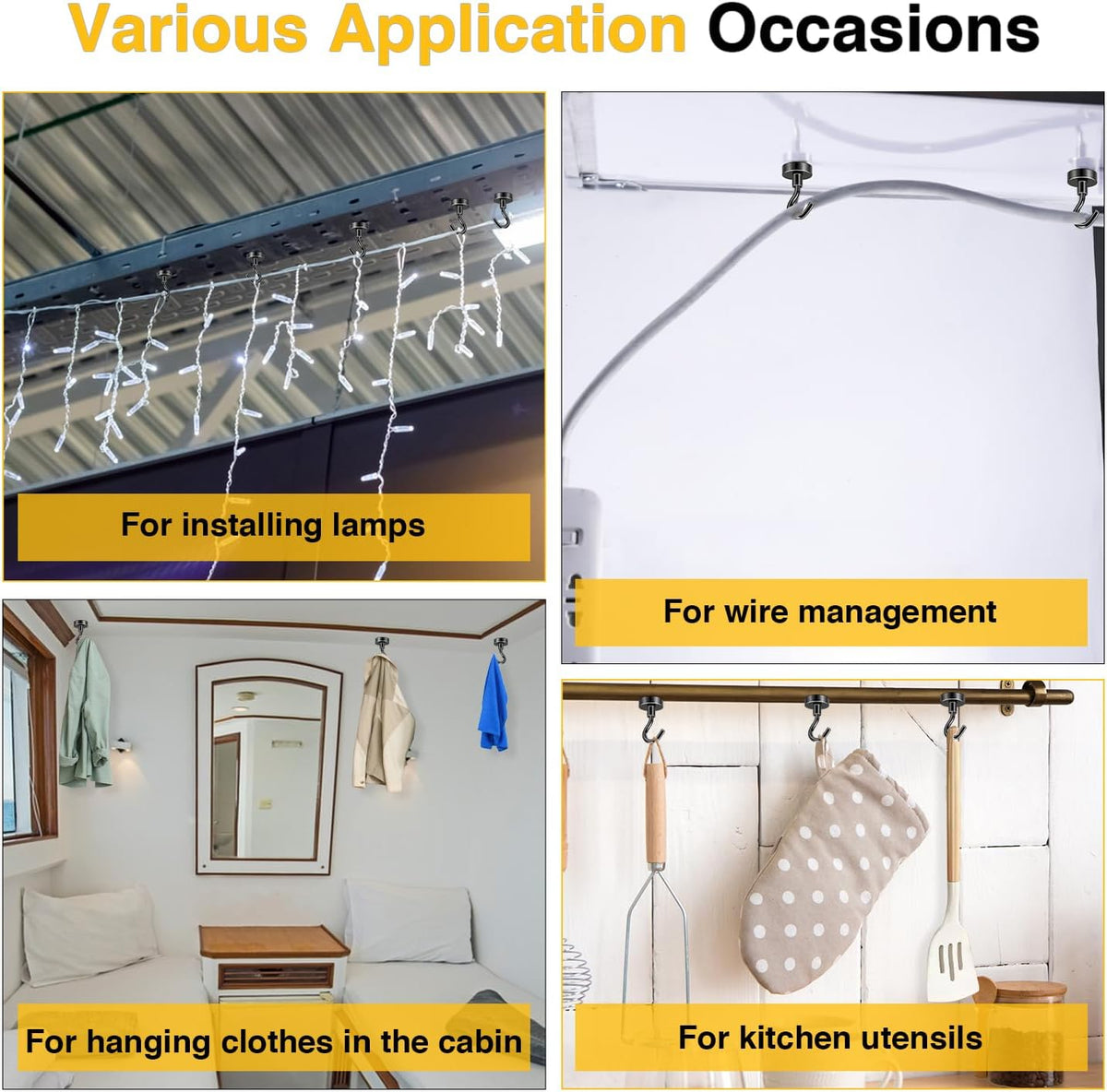 DIYMAG Outdoor Hooks for Hanging String Lights, Balck Magnetic Hooks Strong 30lbs+ Hanging Party Light Wall Cable for Outside Cruise Cabin Refrigerator Fridge Grills Must Have 60PCS
