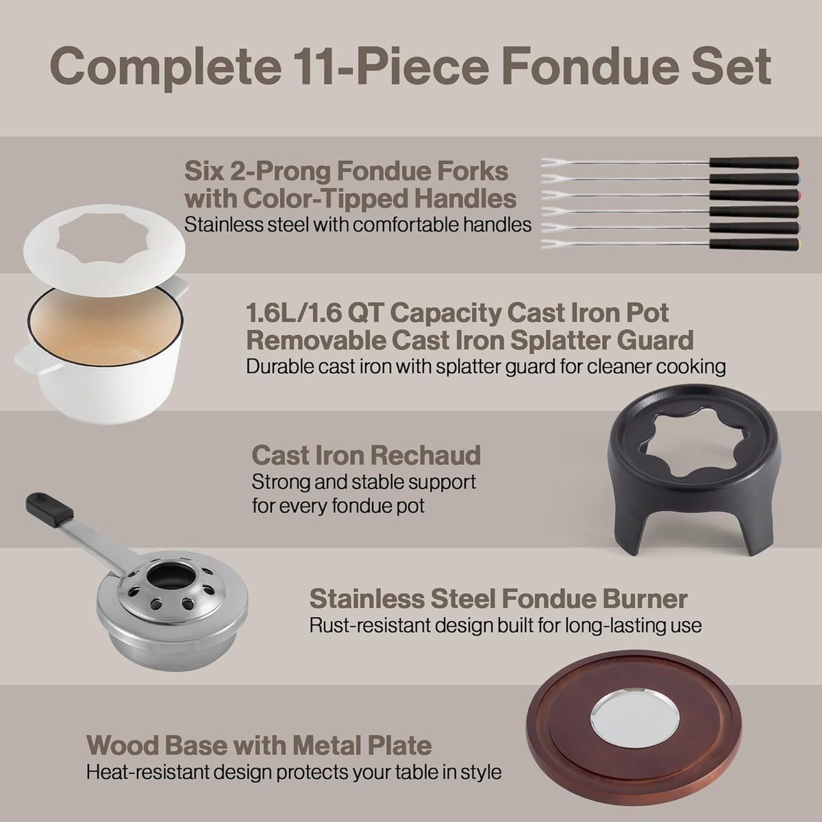 Swissmar Sierra Cast Iron Fondue Set, 1.6 Quart / 1.6 Liter – Perfect for Meat, Cheese, & Chocolate Fondues – Ideal for Family Bonding & Hosting Gifts - 12-Pieces, Matte White