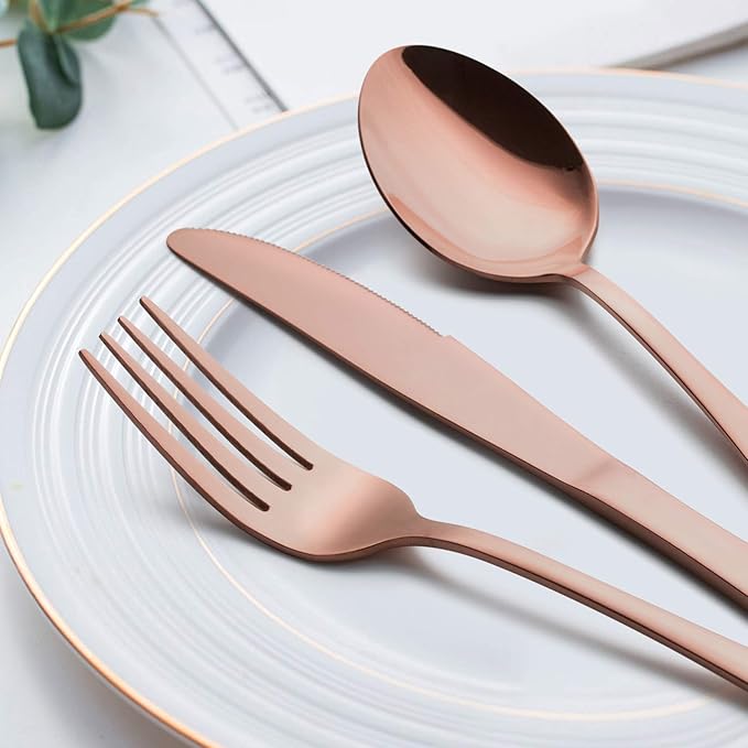 LIANYU 10-Piece Copper Silverware Flatware Set for 2, Stainless Steel Cutlery Set with Knives Spoons Forks, Eating Utensils for Wedding Festival Party, Mirror Finished, Dishwasher Safe