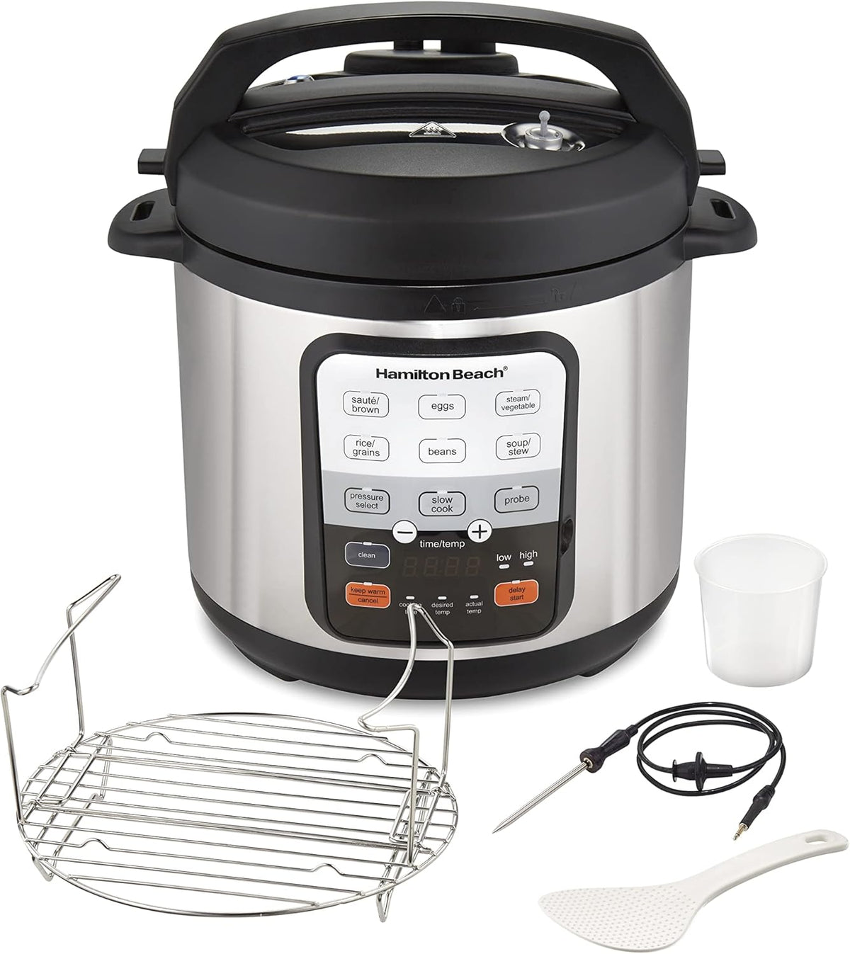 Hamilton Beach 6-in-1 Electric Pressure Cooker with Temperature Probe, Slow Cooks, Sautés, Browns, Steams, Rice Function, Egg and More, 6 Quart Capacity, Stainless Steel (34506)