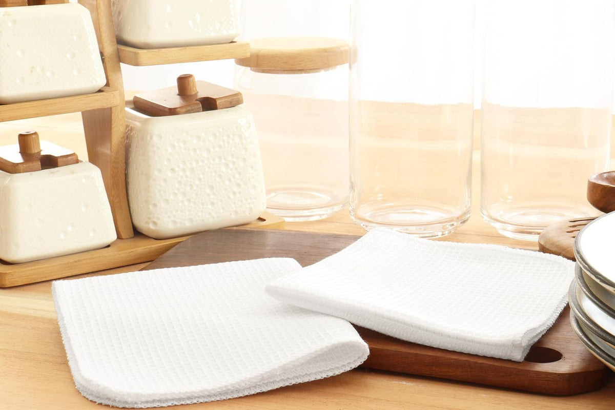 PurpleEssences Dish Cloths and Dish Rags - 8 Pack Waffle Weave Solid Kitchen Dish Wash Cloths, 100% Cotton, 12 x 12 Inches, Ultra Soft Absorbent Quick Drying - Spring Summer - White
