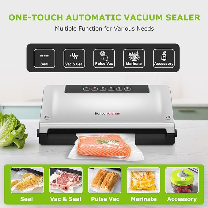 Bonsenkitchen Food Vacuum Sealer Machine with External Vac Function, Built-in Cutter & Bag Storage, 5 Modes for Various Food Types, Includes 10 Bags & 1 Roll (Silver)