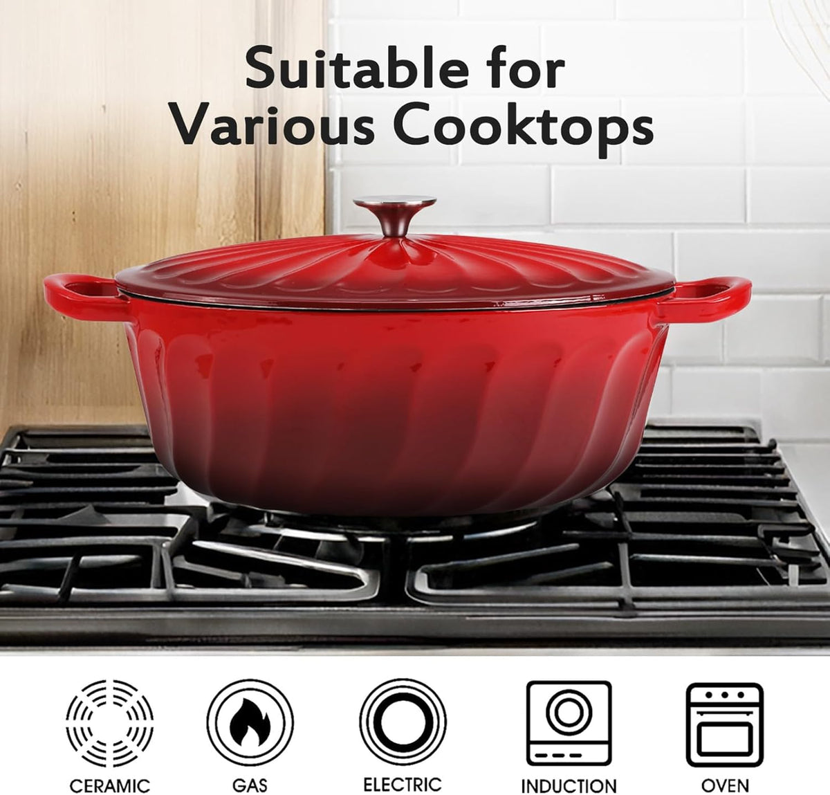 Enameled Oval Dutch Oven Pot with Lid, 7 QT Cast Iron Dutch Oven with Dual Handles for Cooking, Bread Baking, Frying, Non-stick Enamel Coated Oven (7 QT Gradient Red)