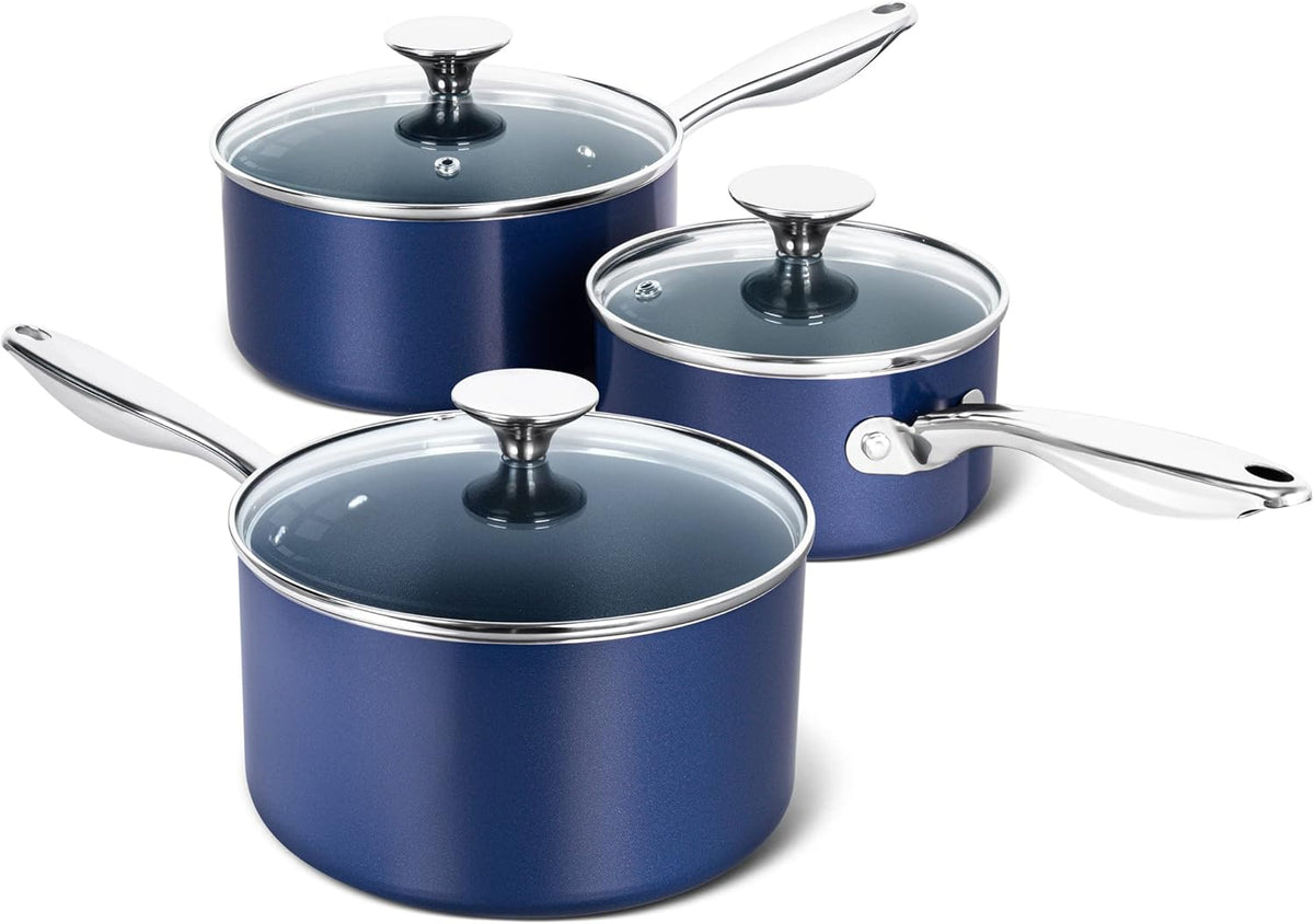 MICHELANGELO Sauce Pan with Lid, Ceramic Saucepan Set, 1.5Qt & 2Qt & 3Qt Sauce Pan Sets, Nonstick Saucepans with Lids, Small Pots with Stainless Steel Handle, Oven Safe, Blue