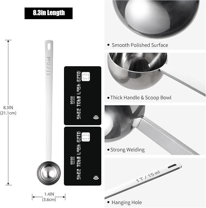 18/8 Stainless Steel Coffee Scoop, Doosu Food-Grade Metal Measuring Spoon with 6.9in Long Handle, Tablespoon Scooper for Coffee Beans, Ground Coffee, Espresso, Protein Powders, Tea, Sugar (1 Tbsp)