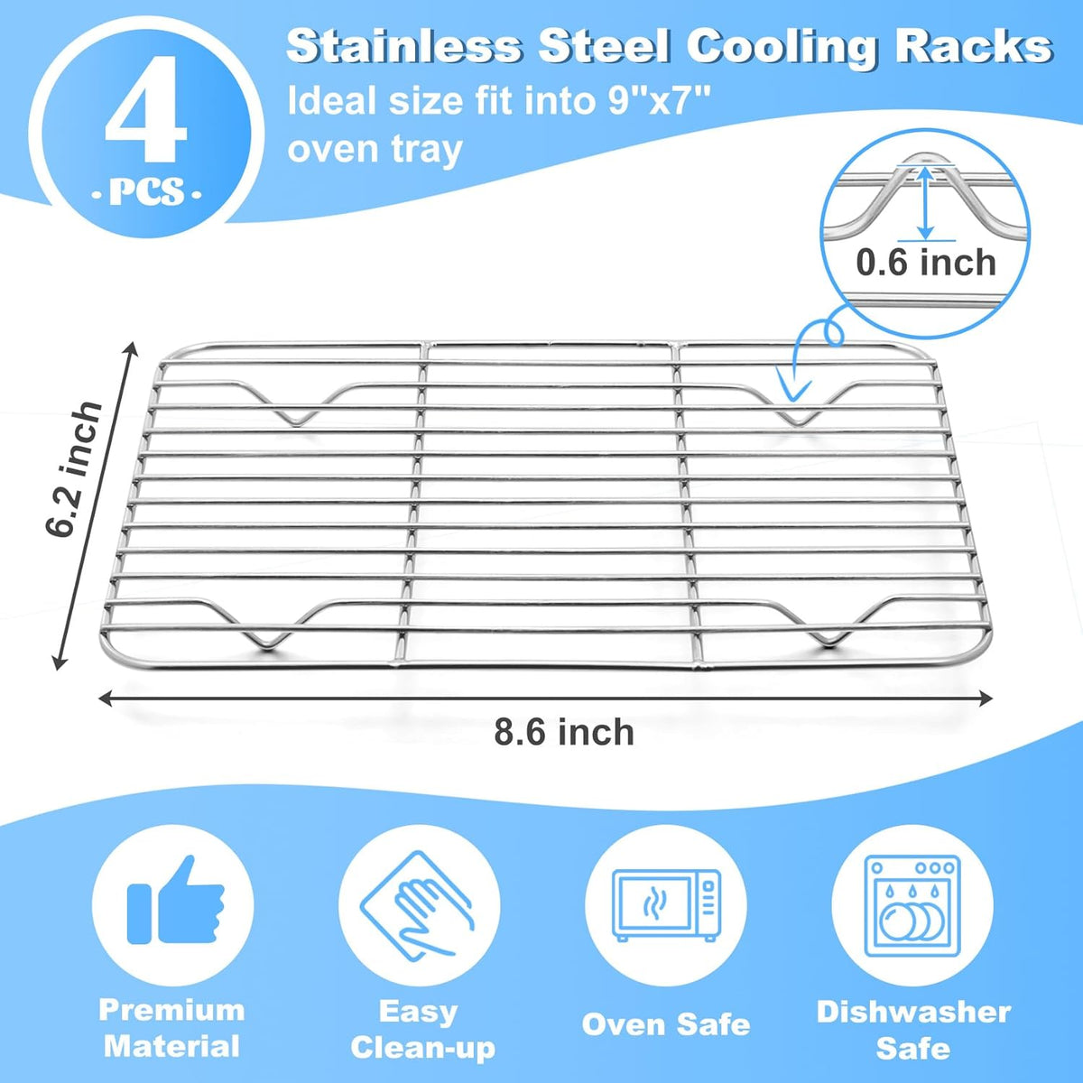 P&P CHEF Baking Cooling Rack Set for Cooking Roasting, 4-Piece Stainless Steel Wire Racks for Oven Use, Healthy & Dishwasher Safe, Rectangle, 8.6 Inch