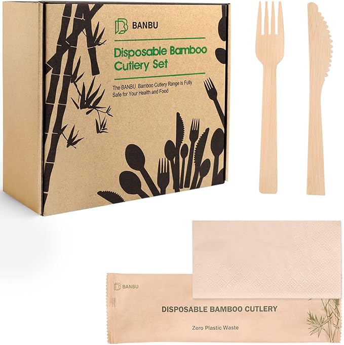 Bamboo Utensils - 70 Pack Individually Wrapped (6.7" 70 Forks 70 Knives 70 Napkins) Bamboo Cutlery Travel Set Disposable Compostable Biodegradable Fork Knife with Napkin for Camping/Wedding