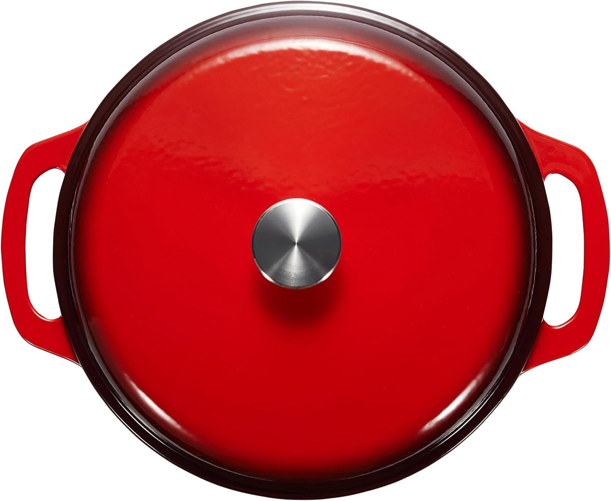 Amazon Basics Cast Iron Dutch Oven Pot with Lid, Enameled, Round, Dual Handles, Heavy-Duty, Medium, 6-Quart, Red
