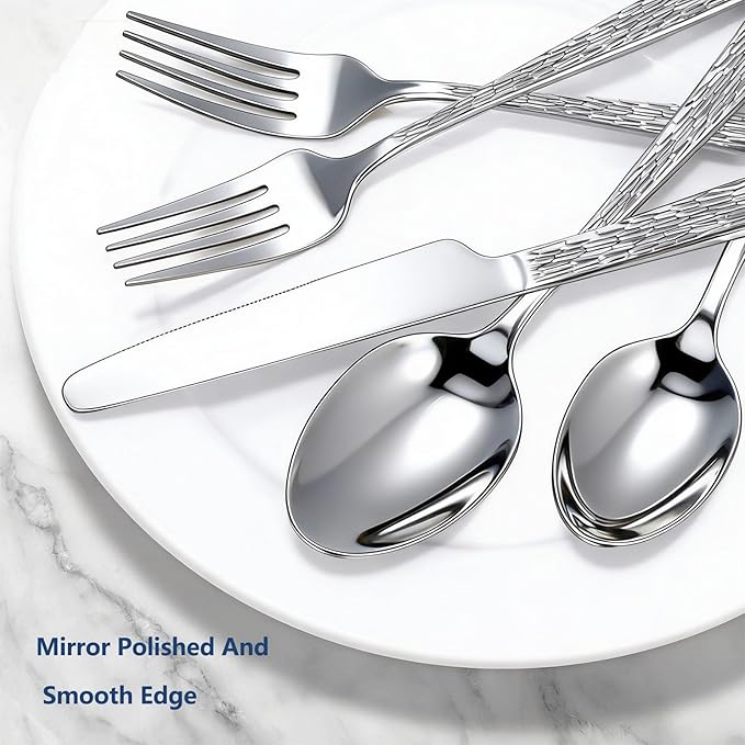 Yoehka 60-Piece Hammered Silverware Set for 12, Stainless Steel Flatware Set with Tree Pattern Handles, Mirror Polished Cutlery/Utensils Set for Home, Restaurant, Hotel, Dishwasher safe