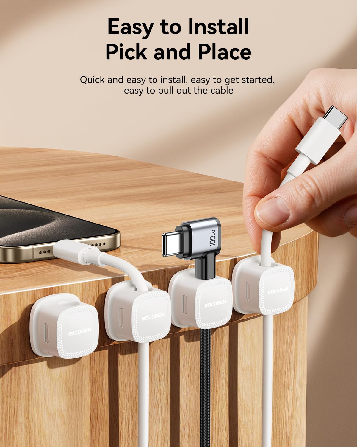 12-Pack Magnetic Cable Clips Cord Organizer-Cable Smooth Adjustable, Rocoren Desk Cable Management Accessories,Cable Holder Clips Wire Holder Keeper for Desktop,Nightstand,Wall,Home Office,Phone,Car