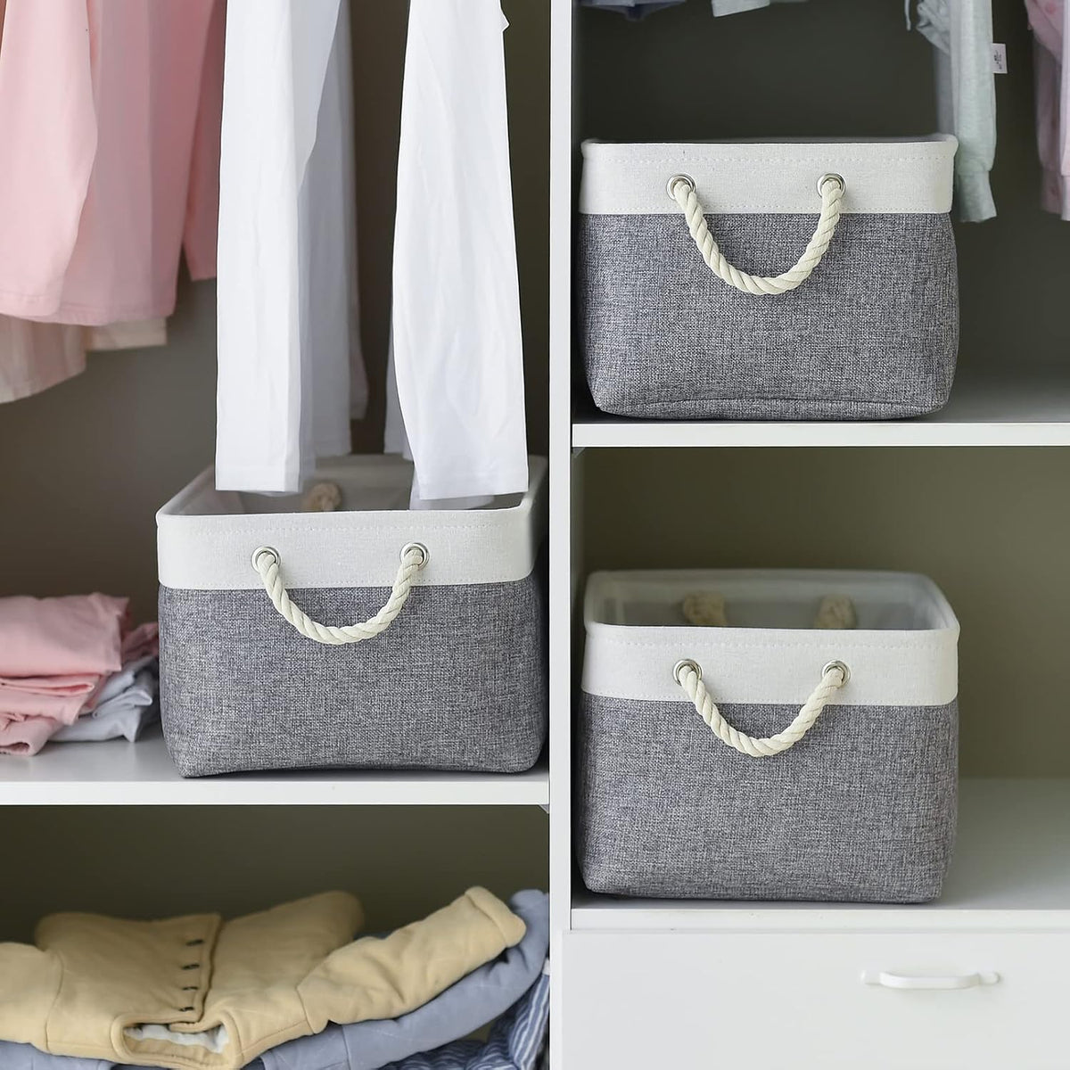 TheWarmHome Organization and Storage Basket for Organizing- 16x12x8 inch 1 Pack Fabric Storage Cubes, Collapsible Storage Bins for Shelves Organizer Gift Closet Cloth Toy (White & Grey)