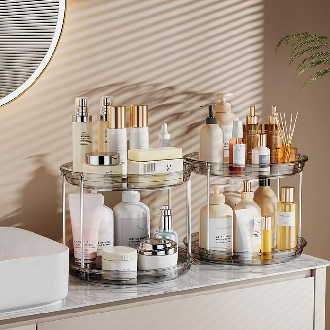 LAMU 2 Pack 2 Tier Lazy Susan Turntable Organizer 9.25'' Rotating Spice Rack Organization for Cabinet, Kitchen, Pantry, Countertop, Bathroom, Vanity, Medicine Cabinet Organizer, Grey