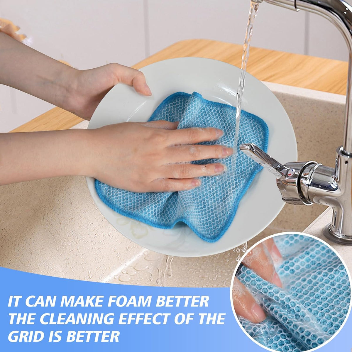 KinHwa Kitchen Washcloths for Dishes Absorbent Microfiber Dish Cloths Quick Dry Dish Rags with Poly Scour Scrub Side Ideal for Kitchen Cleaning (Blue, 7inchx7inch 9 Pack)