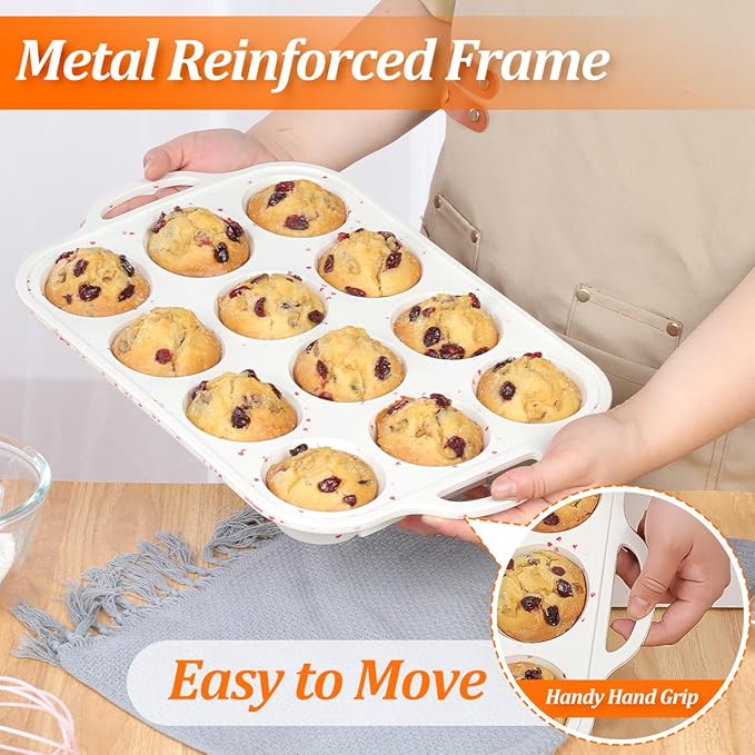 CAKETIME Regular Size Muffin Pan with Metal Reinforced Frame, Silicone Cupcake Pan Easy to Handle Nonstick 12 Cups Silicone Muffin Pans for Baking BPA Free 2 Pack