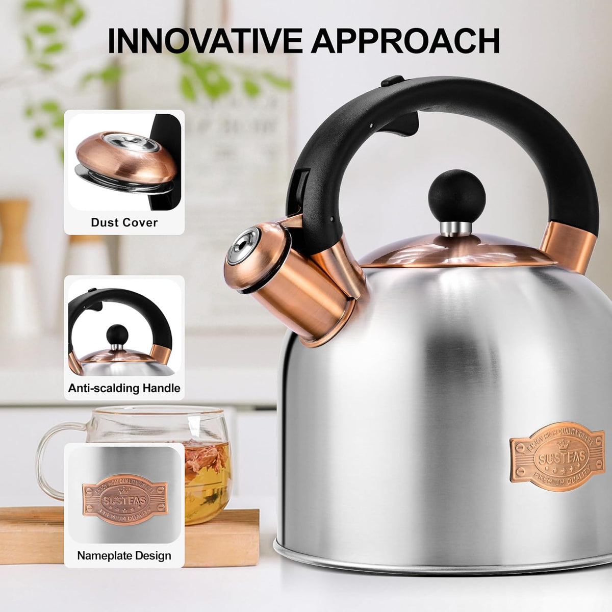 SUSTEAS Tea Kettle - 3.17QT Whistling Kettle with Ergonomic Handle - Premium Stainless Steel Tea Pots for Stove Top, Chic Vintage Teapot with Composite Base, Work for All Stovetops (Silver)