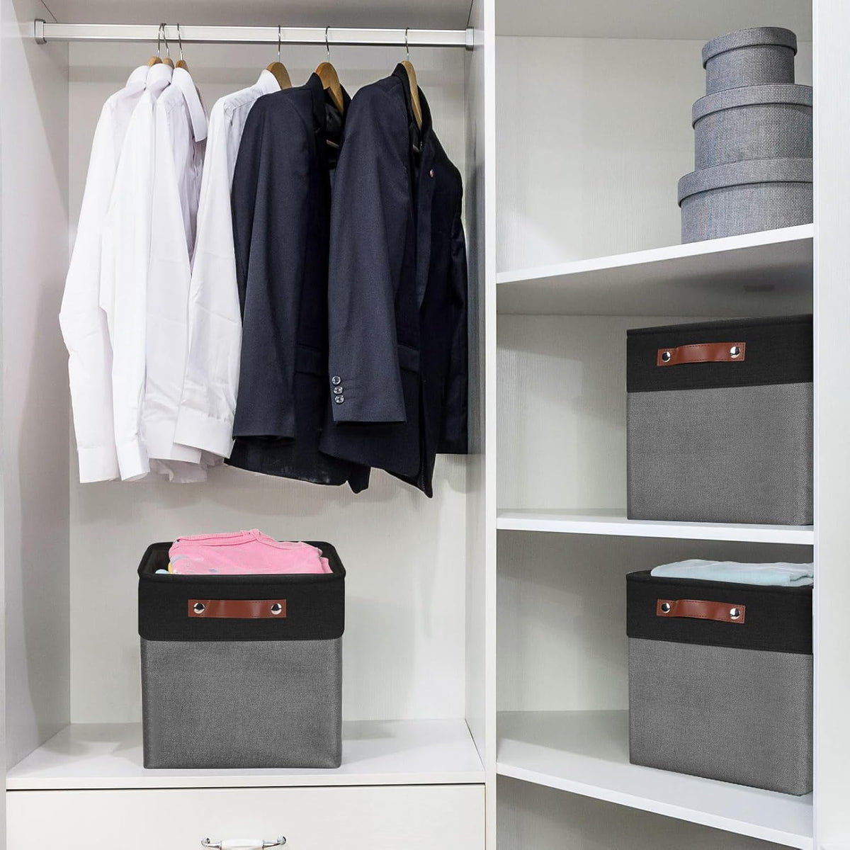 Collapsible Fabric Storage Cubes 11x11 Cube Storage Bins, 4 Pack Closet Baskets Box with Handles for Organizing, Shelf, Toys, Clothes, Home, Office, Nursery (Grey&Black)