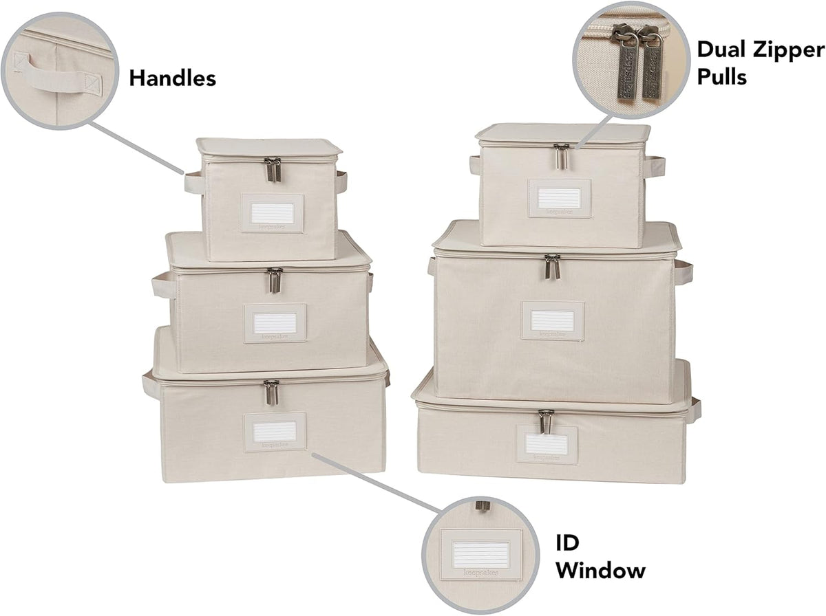 Covermates Keepsakes Dish Storage Box - Stackable, Reinforced Handles, China Storage, Beige Heather