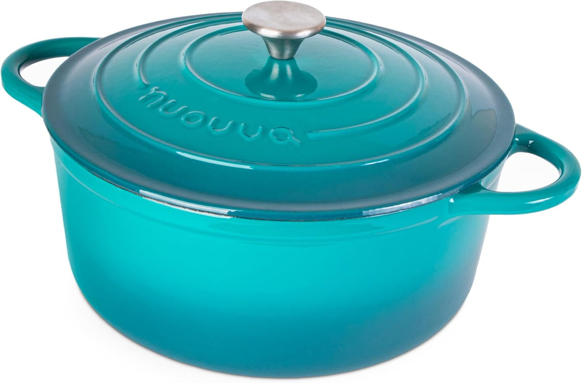 Nuovva Enamelled Cast Iron Dutch Oven Pot with Lid – 6.4 Quart Non Stick Casserole Pot – Heavy Duty & Oven Safe up to 500° F for Bread Baking, Braising, Stews, Roasting – 28cm Teal