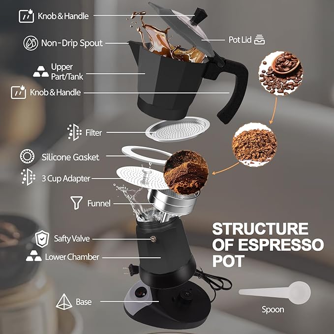 Aluminum Electric Moka Pot 5-6 Cup 270ml Express Coffee Maker Stovetop Espresso Portable Coffeemaker Italian Classic Brewing Greca Cafe Mocha with Removable Base and Overheating Protection Machine