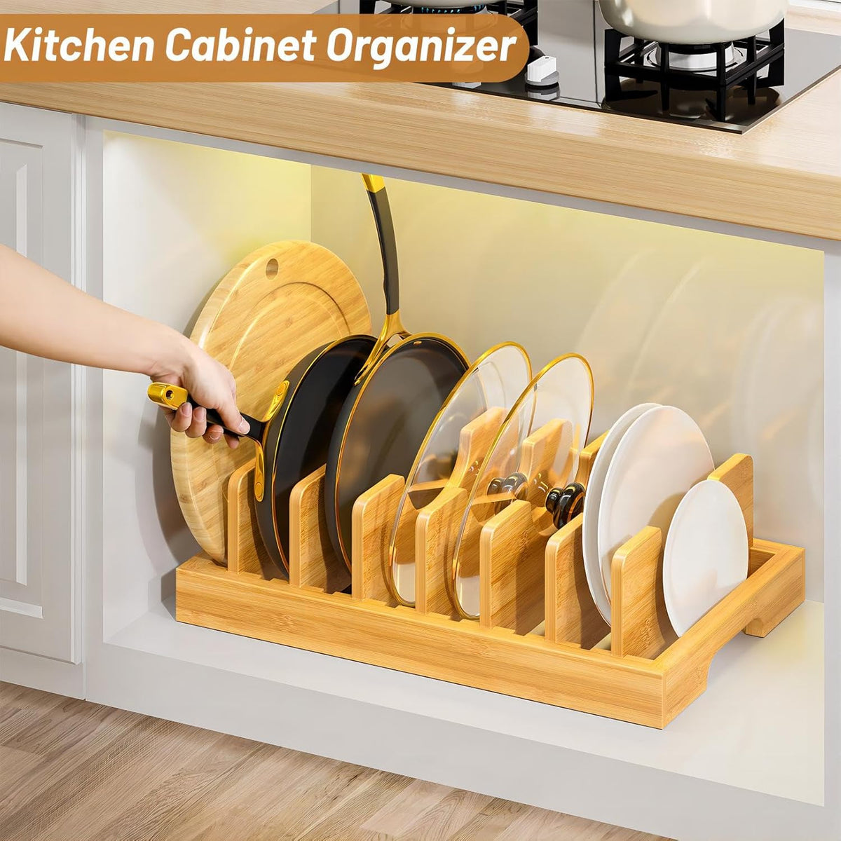 Bamboo Pot and Pan Organizer, Pot Lid Organizer Holder Rack for Countertop Drawer, Kitchen Cabinet Organizer with 7 Adjustable Dividers for Pots, Pans, Baking Sheets, Cutting Boards, Nature