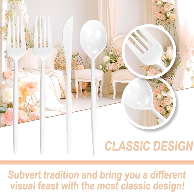 Supernal 360pcs White Plastic Silverware Heavy Duty Disposable Cutlery Set Includes White Party Knives,Plastic Forks and Spoons Suitable July 4th,Weddings & Birthday