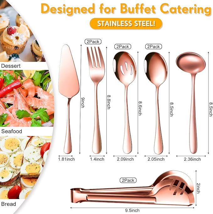 Patelai Serving Utensils Set Include Stainless Steel Large Spoons Slotted Spoons Forks Tongs Soup Ladle and Pie Server for Parties Buffet Catering, Dishwasher Safe(Rose Gold,10 Pieces)