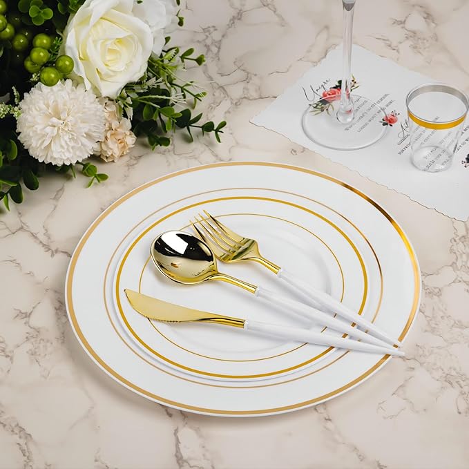 N9R 90PCS Gold Plastic Silverware - Gold Plastic Cutlery Set with White Handle, Heavy Duty Plastic Silverware with 30 Spoons, 30 Forks, 30 Knives - Perfect for Birthday Party, wedding and Everyday Use