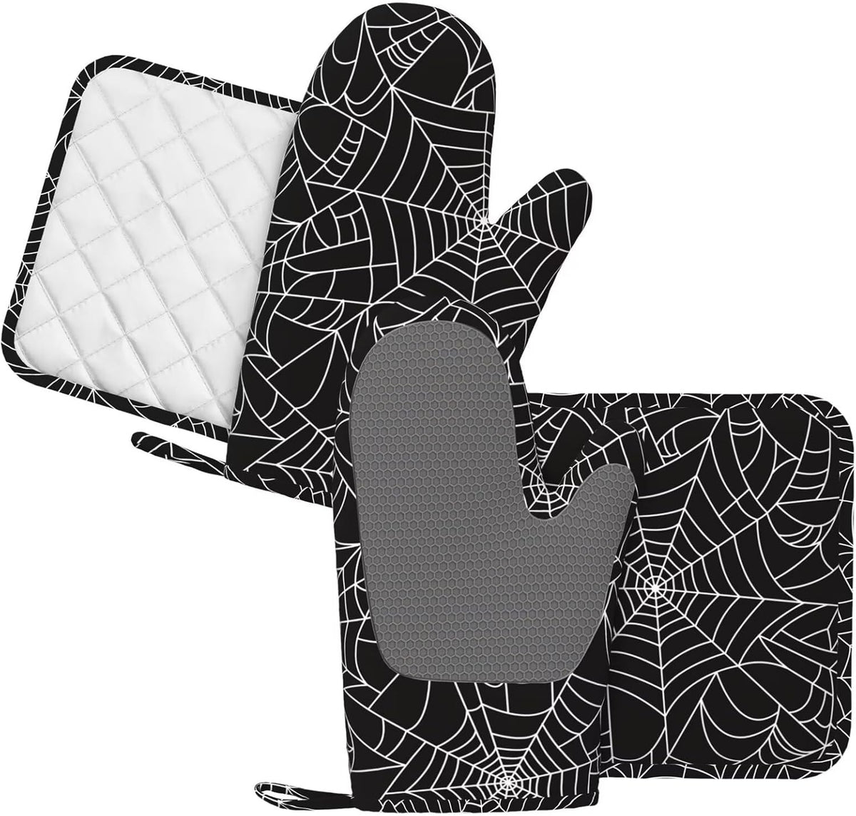 Black and White Spider Web Oven Mitts and Pot Holders Set of 4 Silicone Spiderwebs Kitchen Mitten Gloves and Non-Slip Potholders Set Heat Resistant Oven Gloves Hot Holders for Kitchen