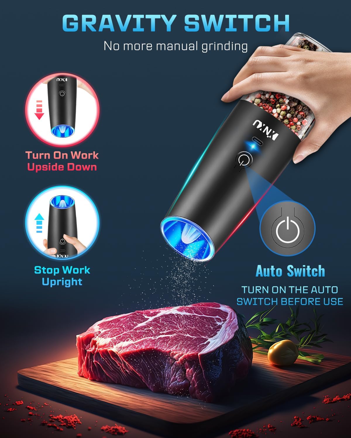 XinXu RECHARGEABLE Pepper and Salt Grinder Set,Automatic Pepper Mill,USB Rechargeable,Adjustable Coarseness,One-handed Operation,Ceramic Burr,Refillable,Auto Grinders Shakers LED Light,Black