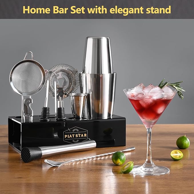 Mixology Bartender Kit with Stand, Home Bar Set Cocktail Shakers Bartending Kit, Bar Tools Boston Shaker Set, Professional Drink Mixing Martini Making Barware with Recipe Book