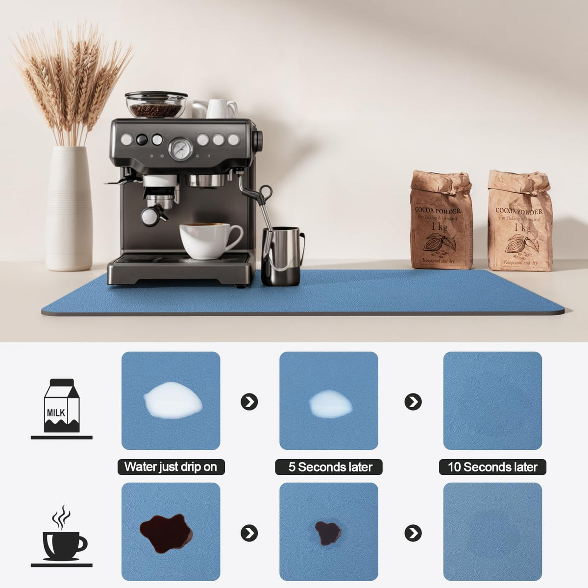 Dish Drying Mat for Kitchen Counter | Coffee Bar Mat for Countertops | Heat Resistant Drainer Mat with Non-slip Rubber Backed | Hide Stain Kitchen Absorbent Draining Mat | Blue 18"x28"