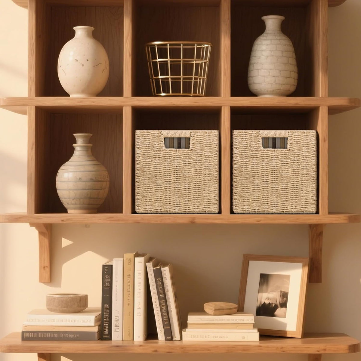 Wicker Storage Baskets for Organizing, 3 Pack Rustic Foldable Square Basket for Shelves, Handwoven Cubby Organizer Bins for Home Decor, Small Cube Storage Bin for Closet Organization (Natural 11 inch)