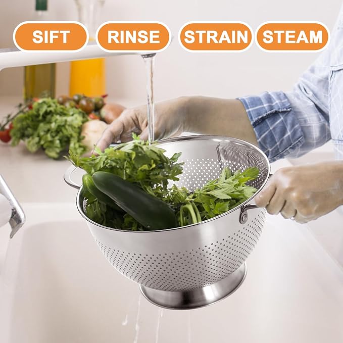 Stainless Steel Colander Set of 3 (1.5-3-5Quart) | Durable Rice and Pasta Strainer with Handle | Oversized Handles | Nesting Design | Rust-Resistant & Dishwasher Safe