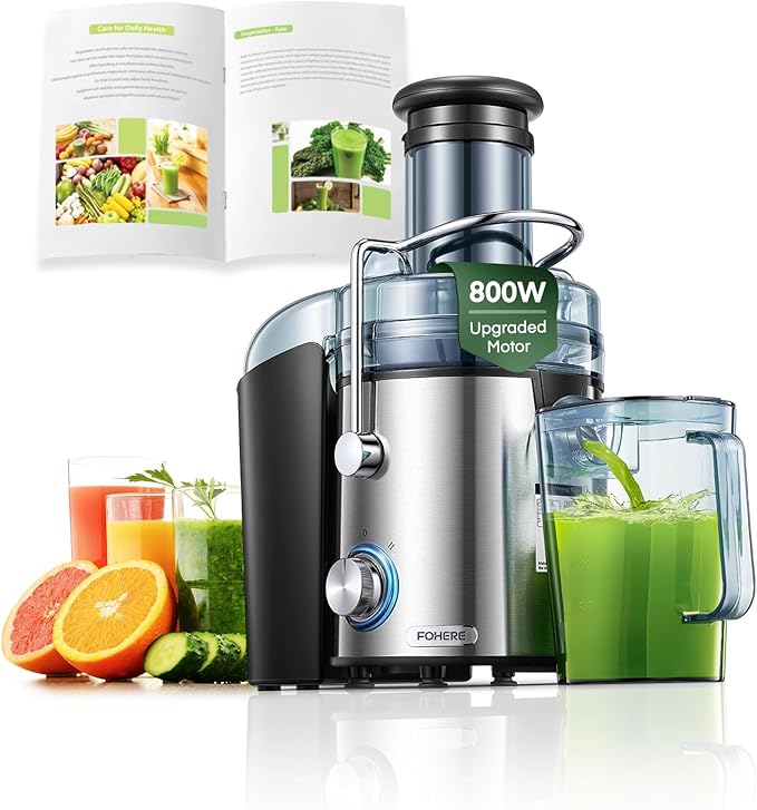 Juicer Machines, FOHERE 1000W Juicer Whole Fruit and Vegetables, Quick Juicing Easy to Clean, 75MM Large Feed Chute, Dual Speed Setting and Non-Slip Feet, Silver