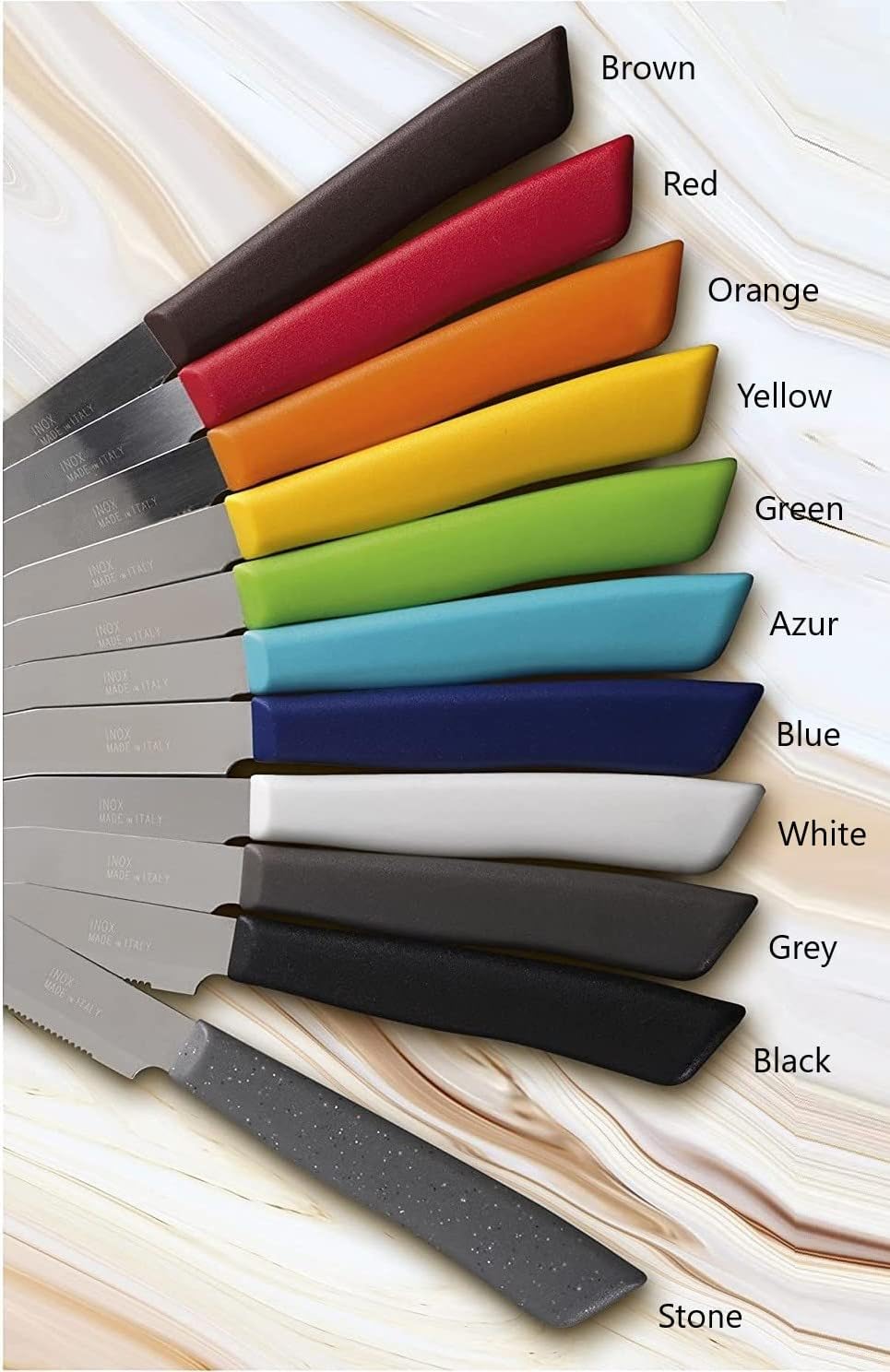 Tredoni 6 kitchen Knives - 4.3"/11cm Italian Stainless Steel Serrated Vegetable/Steak/Table Knife Cutlery, Rounded Tip (Orange)