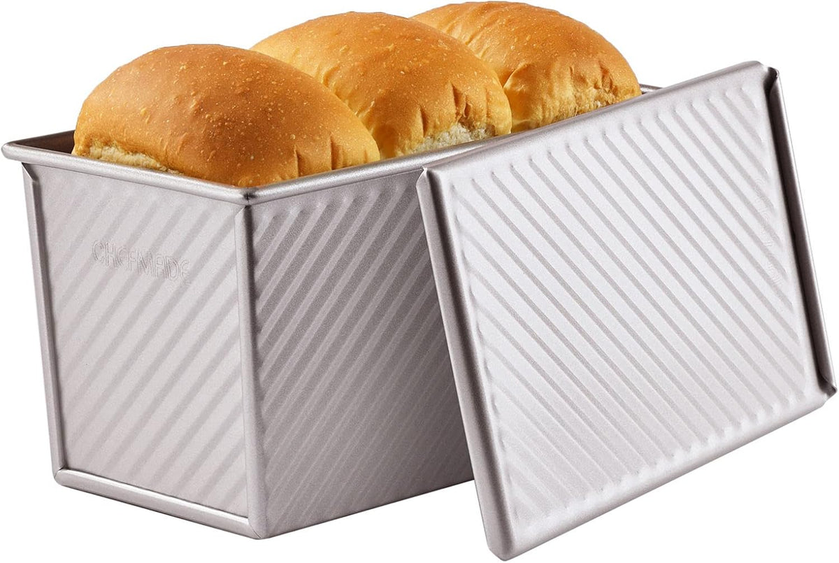 CHEFMADE Pullman Loaf Pan with Lid, 1Lb Dough Capacity Non-Stick Rectangle Corrugated Toast Box for Oven Baking 4.2" x 7.7"x 4.4"(Champagne Gold)