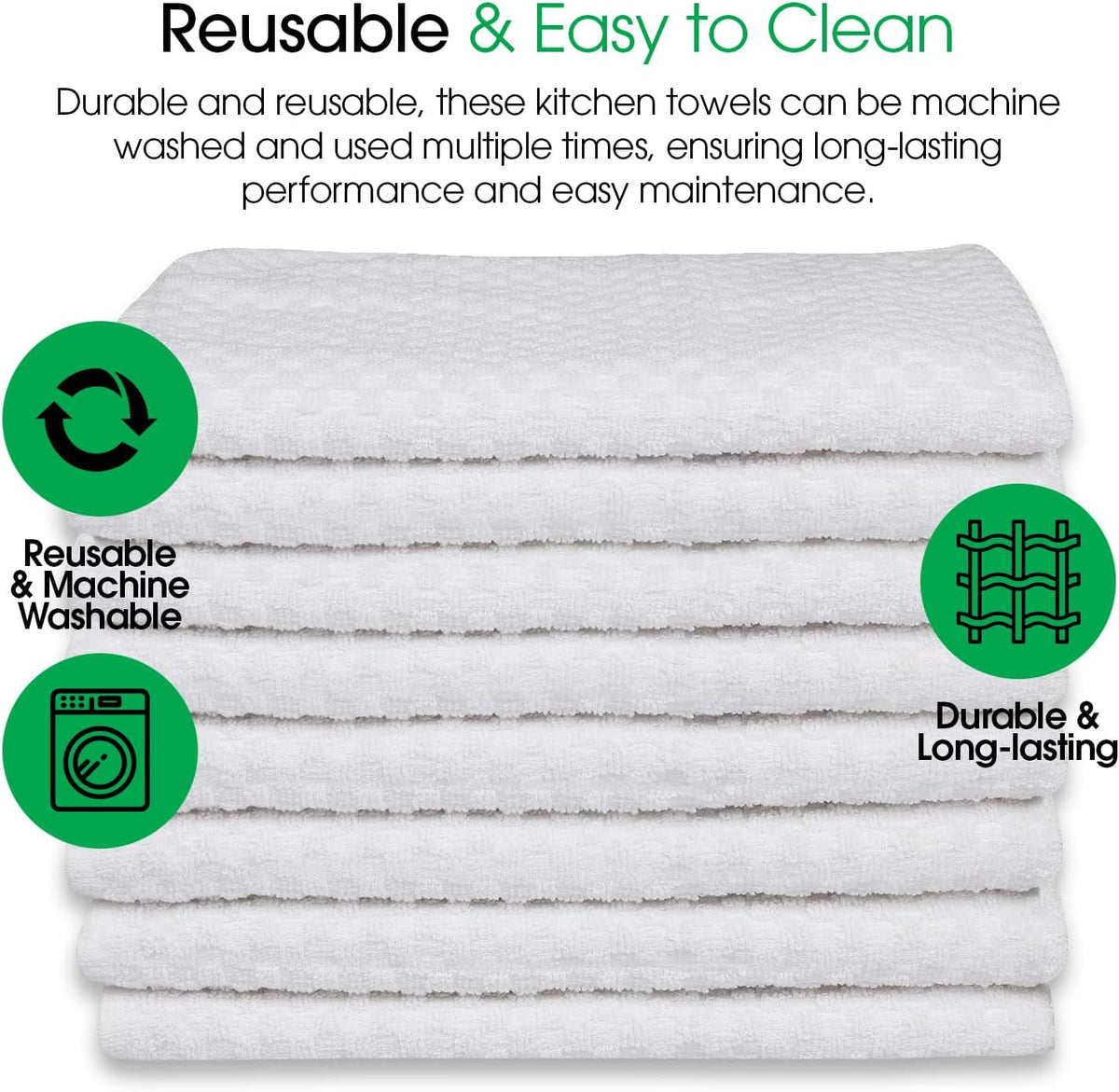 DG Collections White Kitchen Towels - 100% Cotton Terry Tea Towels for Cleaning, Drying, and Highly Absorbent Kitchen Dish Cloth for Bar Cleaning - 8 Pack - 15 x 25 Inches