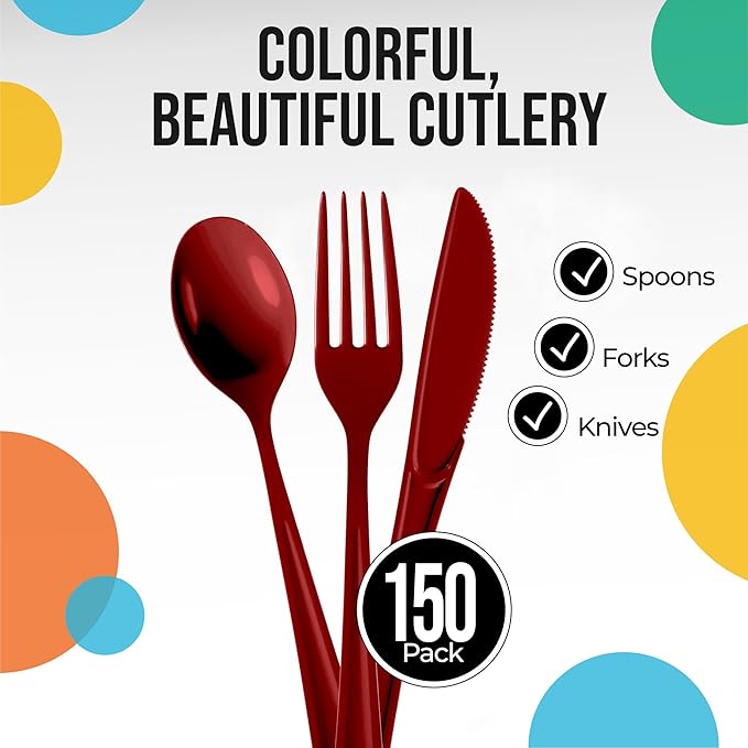 Party Solids Burgundy Plastic Silverware Heavy Duty 150 Pieces Burgundy Plastic Cutlery Sets, Utensil Sets, 50 Of Each Forks, Knives & Spoons Disposable Cutlery Set, Flatware Set For Party Supplies