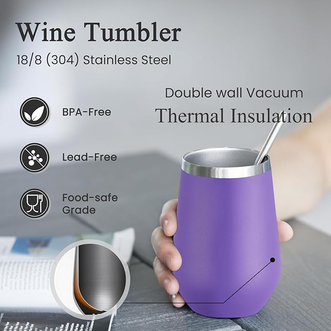 MEWAY 12oz Stainless Steel Wine Tumbler with Lid and Straw - Double Wall Stainless Steel Coffee Mug, Gift for Woman Under 10 dollars， 12 Pack Bulk tumblers(Purple,Set of 12)