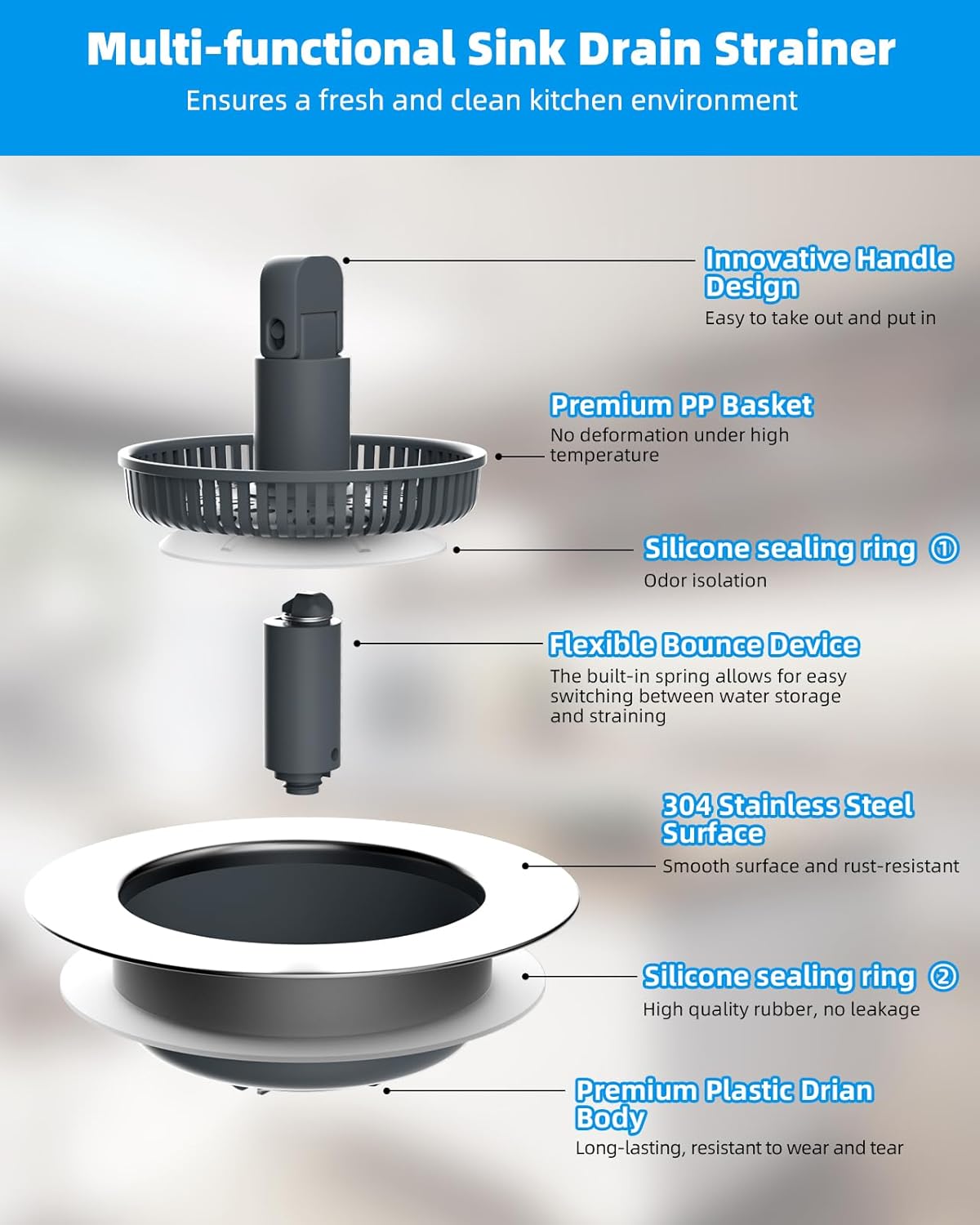 Hibbent 3 in 1 Kitchen Sink Drain Strainer and Stopper Combo, Chrome Stainless Steel Wraped Shell, Anti-Clogging Basket Strainer with Foldable Handle for US Standard 3-1/2" Drain