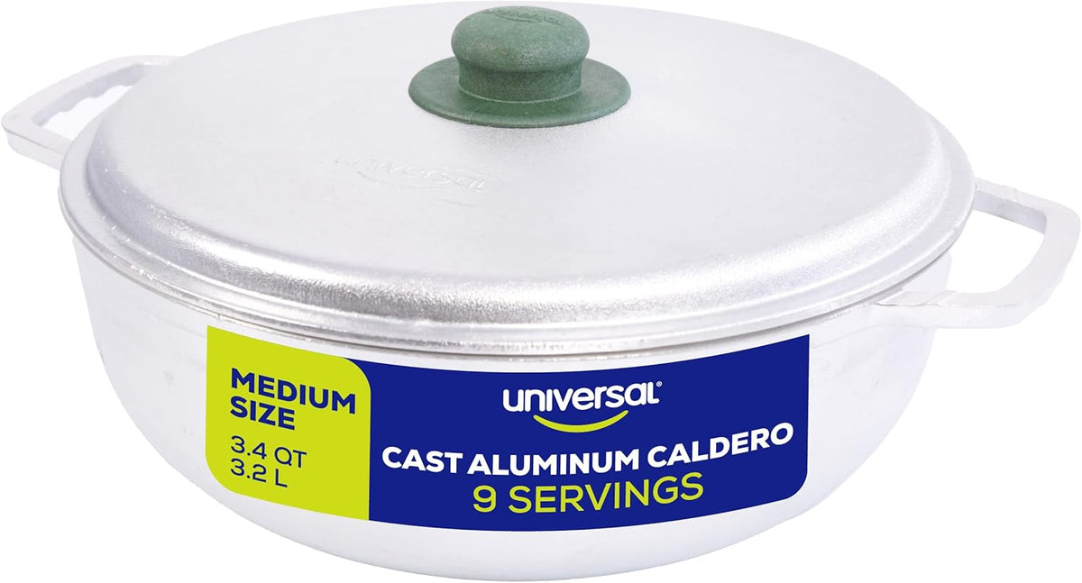 Universal (Small Size) Caldero 9 Cups - 3.4 QT / 3.2 L, Stainless Aluminum Pot, Even Heat Distribution and Fast Cooking Dutch Oven Pot, Ergonomic Handles, Ideal for Rice, French Fries, and More