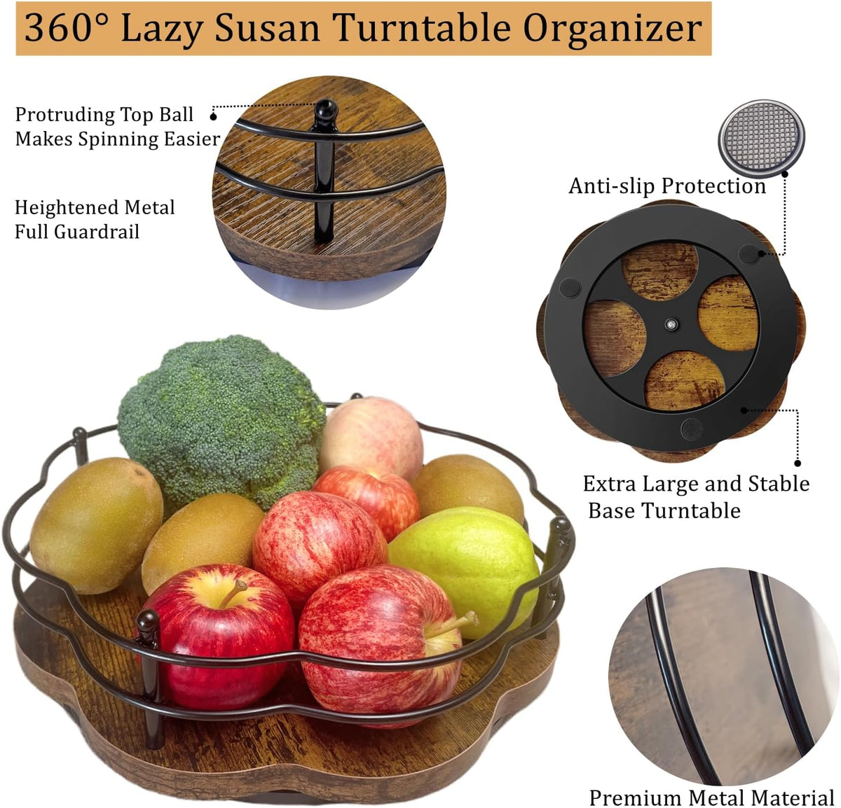 2 Pack, 11" & 12" Wooden Lazy Susan Turntable with Higher Metal Sides, 360° Rotating Lazy Susan Organization and Storage for Cabinet, Table Top, Kitchen, Countertop, Dining Table, Pantry, Coffee Bar