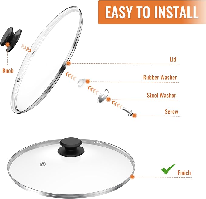 Tempered Glass Lids for Pots and Pans, Cast Iron Skillet Lid 10.5 Inch, Round Frying Pan Lid, Replacement Pan Cover, Crock Pot Lid with Stainless Steel Rim, Dishwasher Safe, Cookware Pot Covers